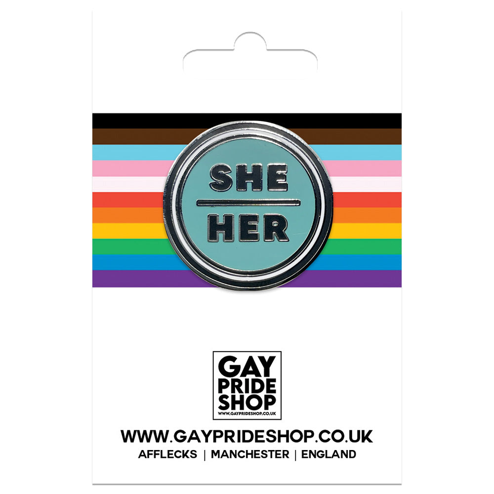 Pronoun She/Her Round Metal & Enamel Pin (Turquoise)