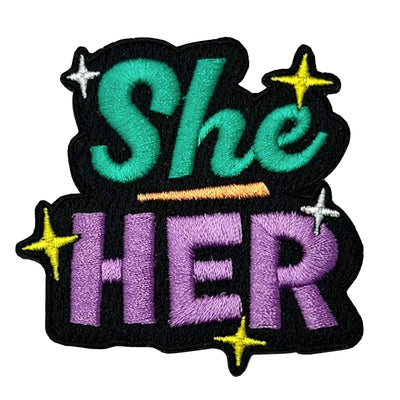 Pronoun She Her (Green/Lilac) Embroidered Iron-On Patch