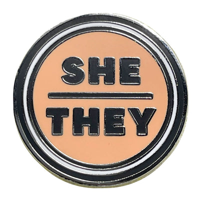 Pronoun She/They Round Metal & Enamel Pin (Peach)