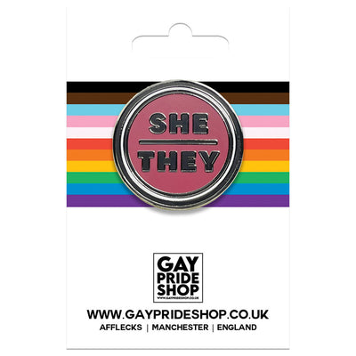 Pronoun She/They Round Metal & Enamel Pin (Red)