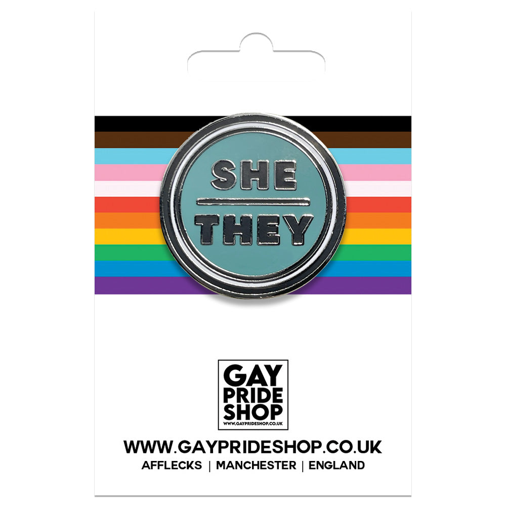 Pronoun She/They Round Metal & Enamel Pin (Turquoise)