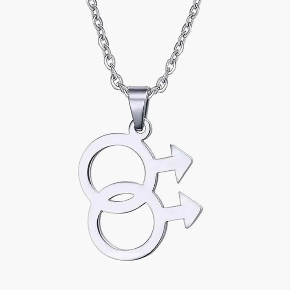 Gay Male Double Mars Symbol Stainless Steel Necklace - Silver
