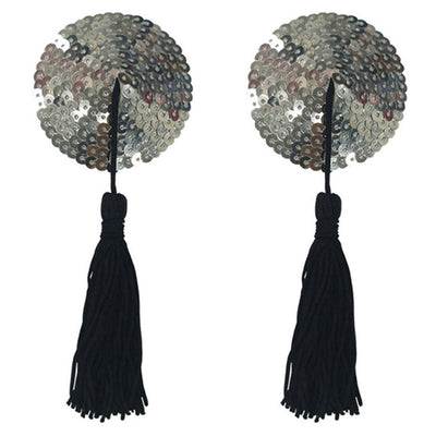 Nipple Tassels - Silver Sequin Circles With Black Tassels