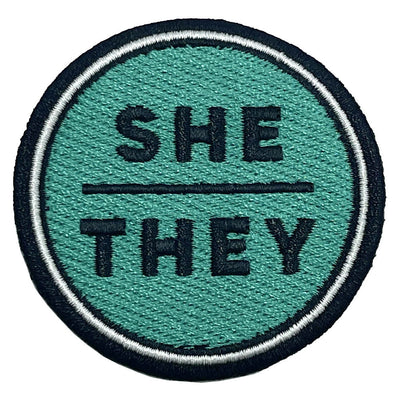 Pronoun She/They Round Iron-On Embroidered Patch (Turquoise)