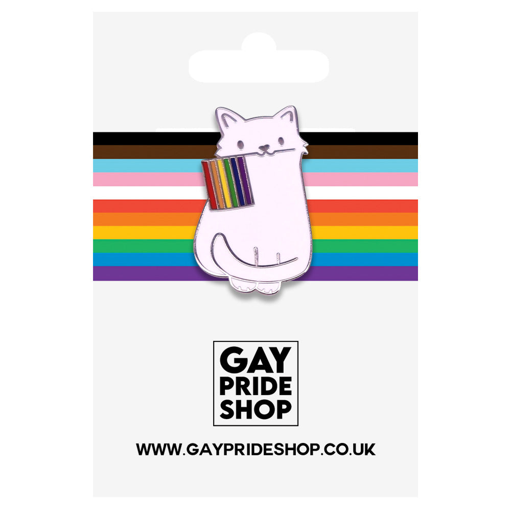 White Cat Holding Pride Flag Enamel Pin