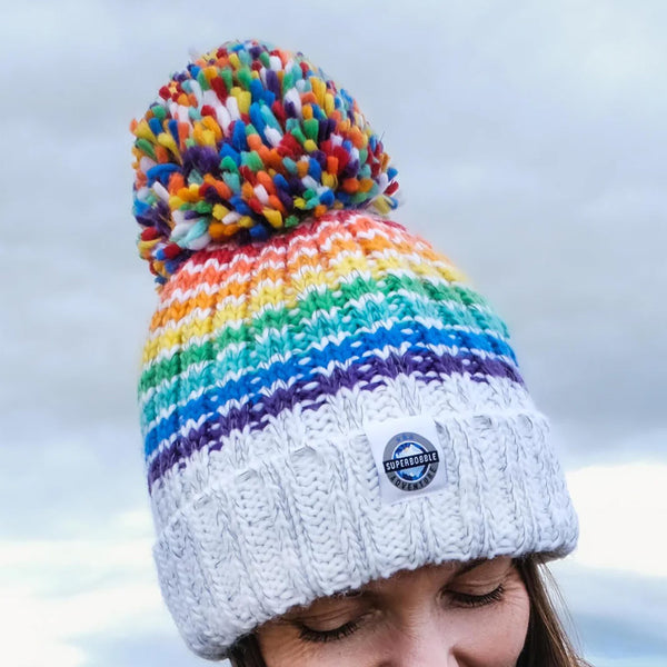 Gay Pride Rainbow Luxury Super Sherpa Fleece Lined Reflective Bobble Hat - White