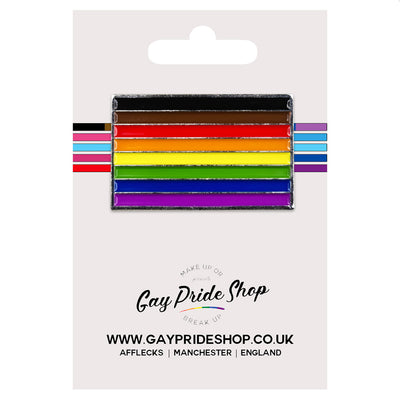 8 Colour Gay Pride Rainbow Flag (Brown & Black Stripes) Flag Silver Metal Rectangle Lapel Pin Badge