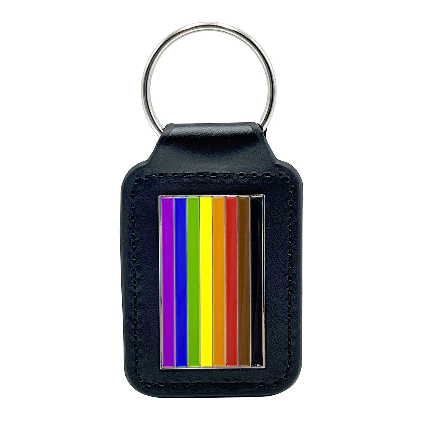 8 Colour Gay Pride Rainbow Flag (Brown & Black Stripes) Leather & Metal Keyring