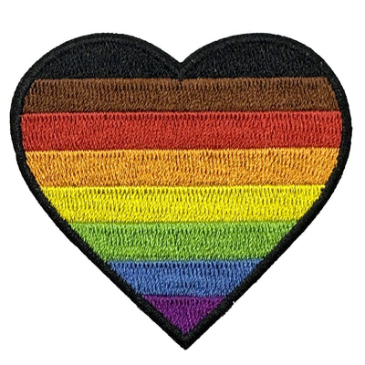 8 Colour Gay Pride Rainbow Flag (Brown & Black Stripes) Heart Embroidered Iron-On Patch