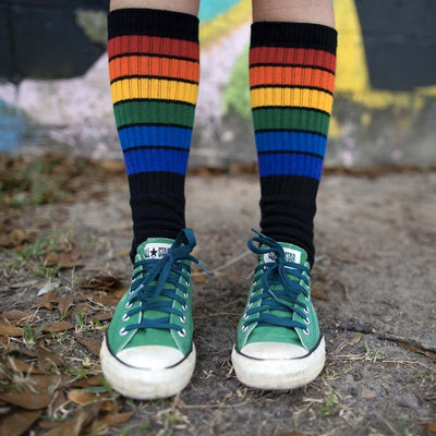 Pride Socks - Glow Rainbow Tube Socks Black (Knee High)