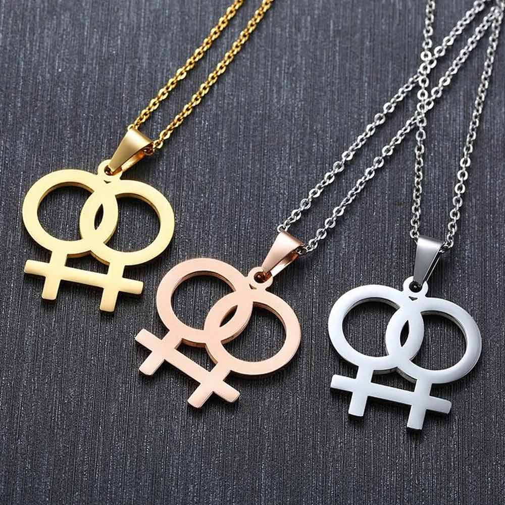 Lesbian Double Venus Symbol Stainless Steel Necklace - Silver