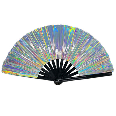 Iridescent Bamboo Cracking Fan - Large 33cm (Silver)