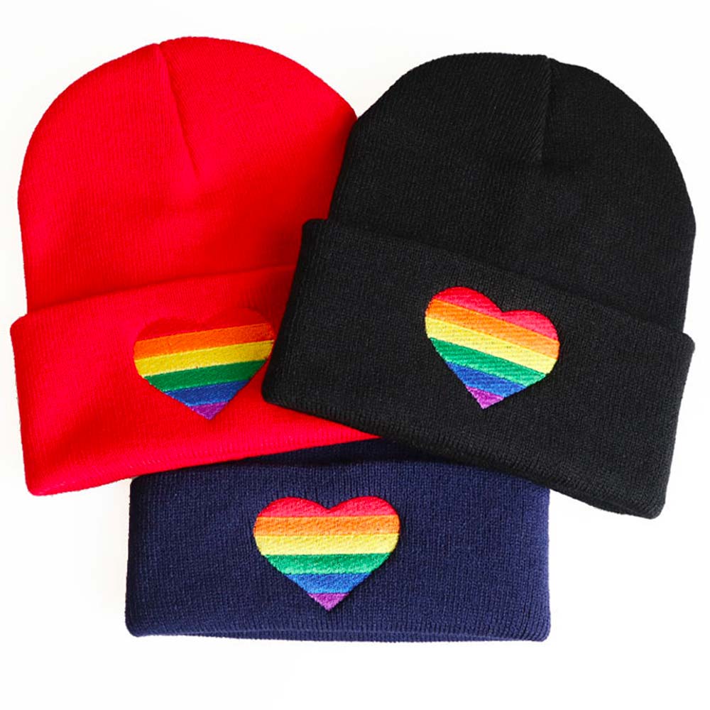 Embroidered Rainbow Heart Beanie Hats