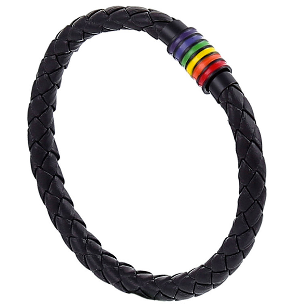 Gay Pride Rainbow Magnetic Bracelet (Black Leather/Black Fastener)