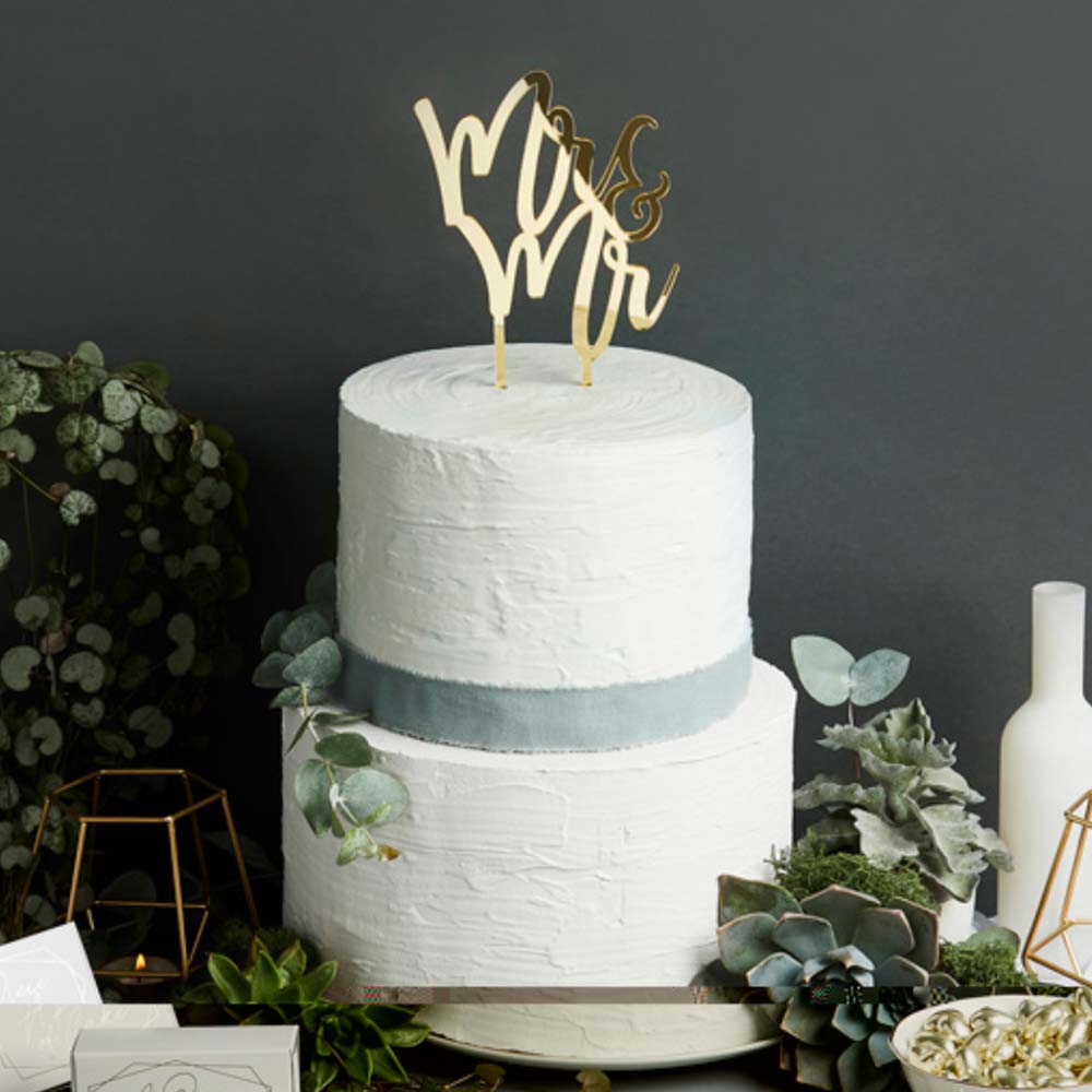 Gold Mirror Acrylic Mr & Mr Wedding Cake Topper