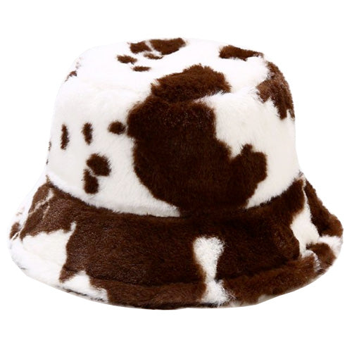 Cow Print Fluffy Bucket Hat - Brown & White