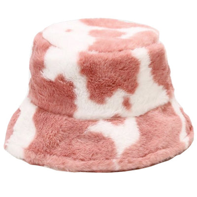 Cow Print Fluffy Bucket Hat - Pink & White