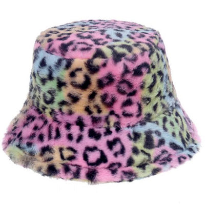 Pastel Rainbow Fluffy Bucket Hat - Leopard Print