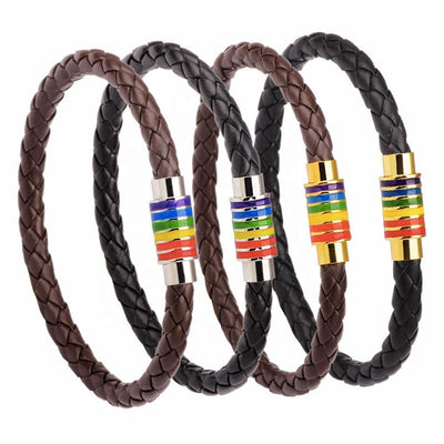 Gay Pride Rainbow Magnetic Bracelet (Black Leather/Gold Fastener)