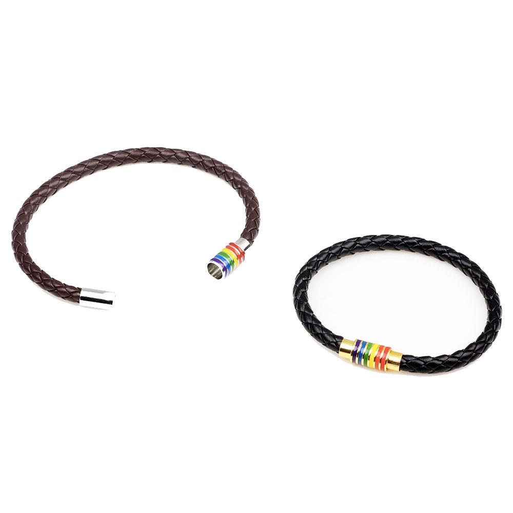 Gay Pride Rainbow Magnetic Bracelet (Black Leather/Silver Fastener)