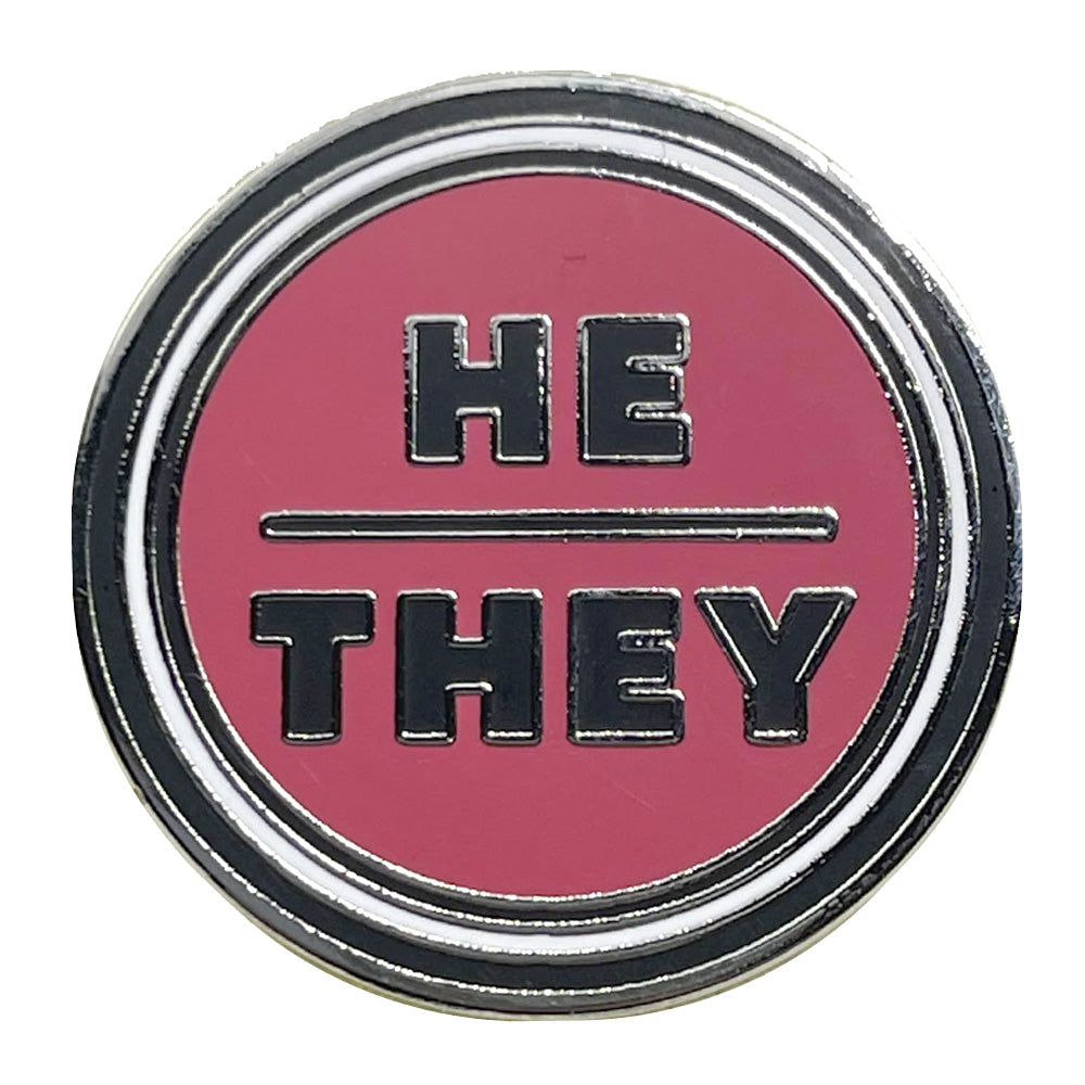 Pronoun He/They Round Metal & Enamel Pin (Red)