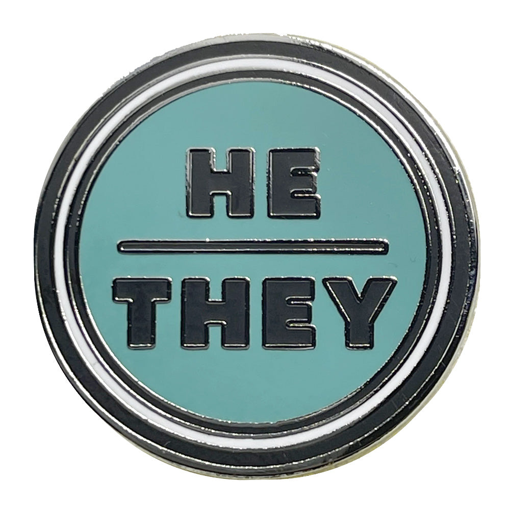 Pronoun He/They Round Metal & Enamel Pin (Turquoise)
