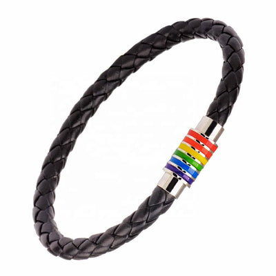 Gay Pride Rainbow Magnetic Bracelet (Black Leather/Silver Clasp)