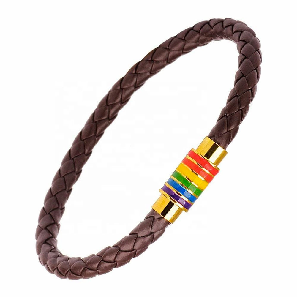 Gay Pride Rainbow Magnetic Bracelet (Brown Leather/Gold Fastener)
