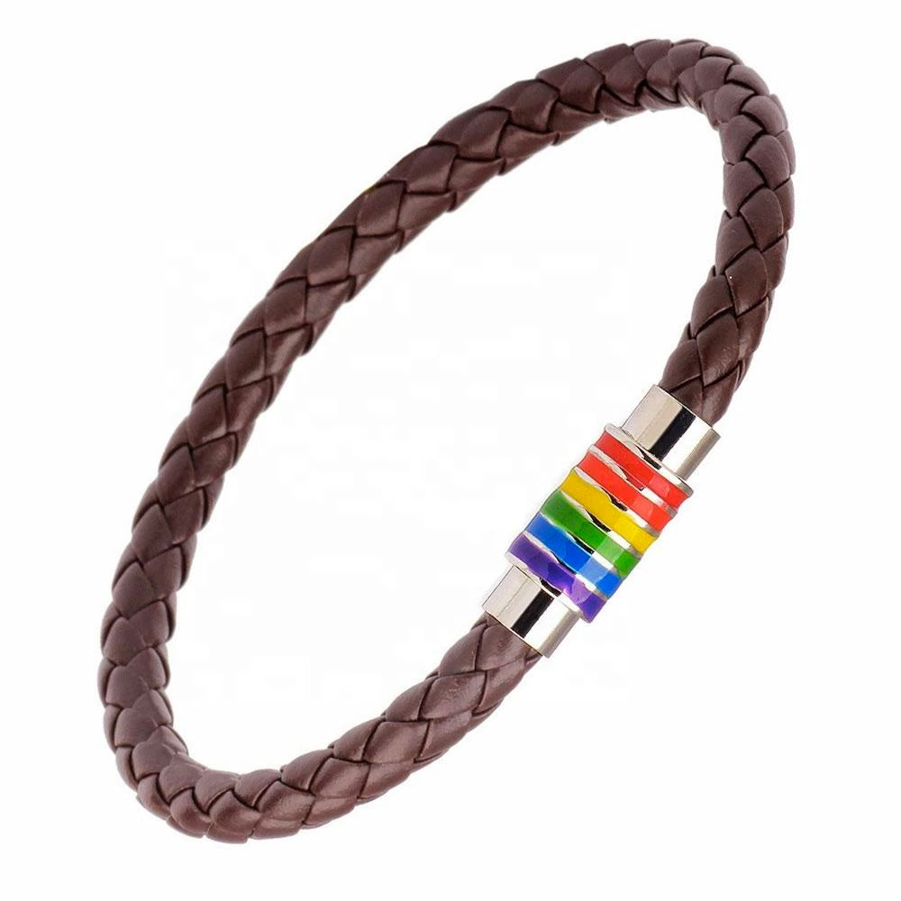 Gay Pride Rainbow Magnetic Bracelet (Brown Leather/Silver Clasp)