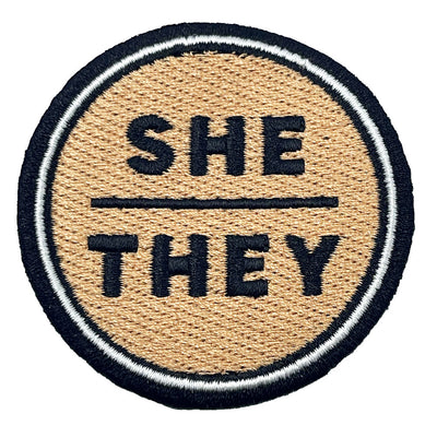 Pronoun She/They Round Iron-On Embroidered Patch (Peach)