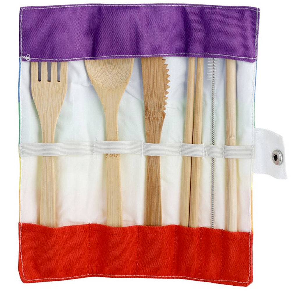Gay Pride Rainbow 100% Natural Bamboo Cutlery 6 Piece Set in Canvas Holder