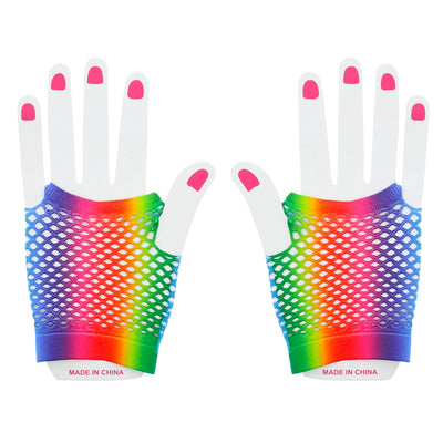 Gay Pride Rainbow Fishnet Gloves - Short