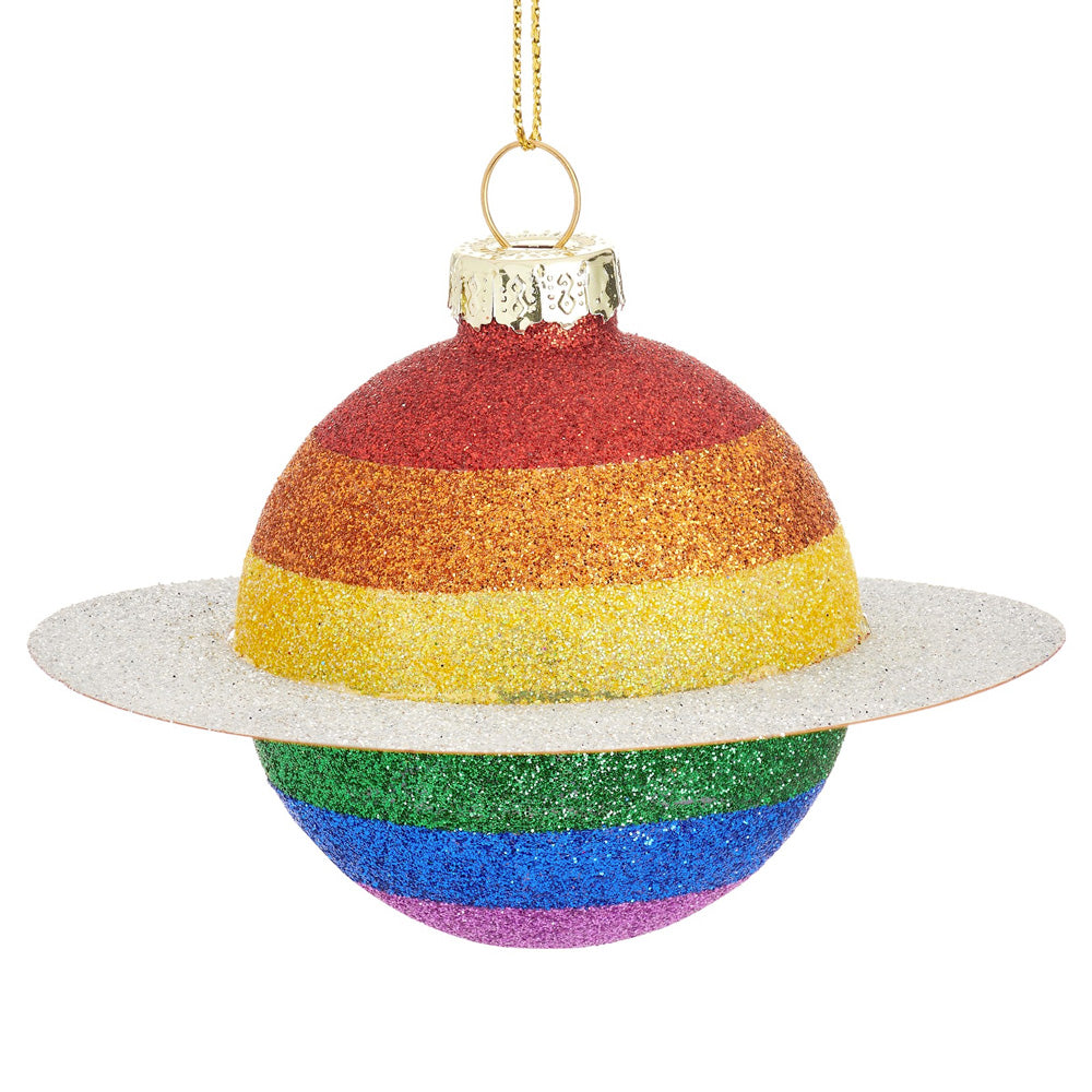 LGBTQ+ Christmas Decoration - Glass Glitter Rainbow Planet Shaped Bauble