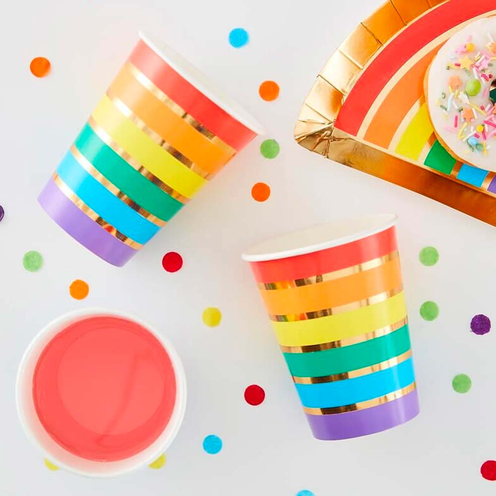 Gay Pride Rainbow Gold Foiled Paper Party Cups (8 Pack)