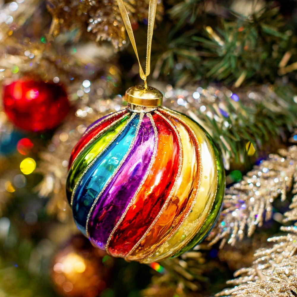 LGBTQ+ Christmas Decoration - Glass Round Spiral Rainbow Bauble