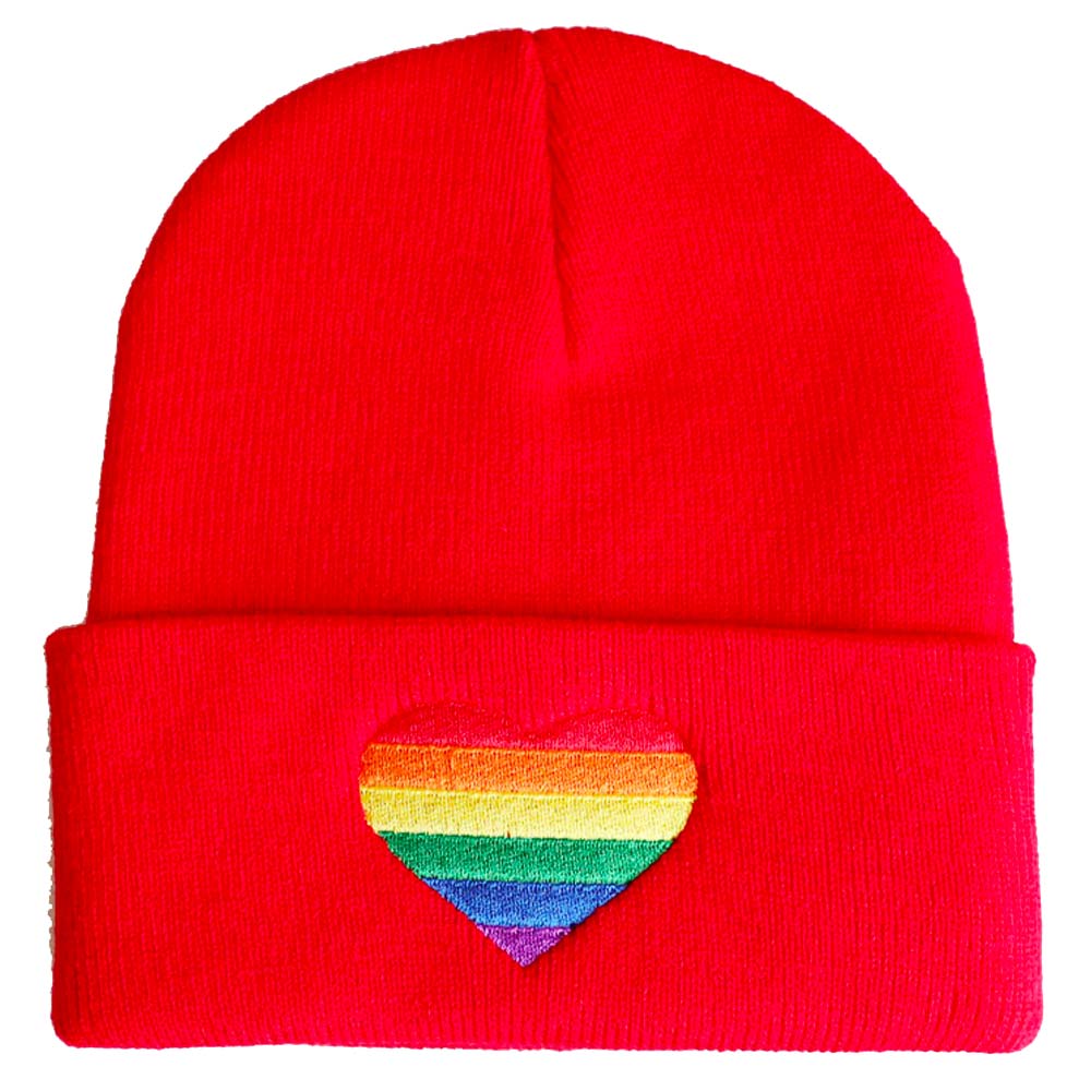 Embroidered Rainbow Heart Beanie Hat - Red