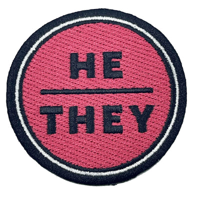 Pronoun He/They Round Iron-On Embroidered Patch (Red)