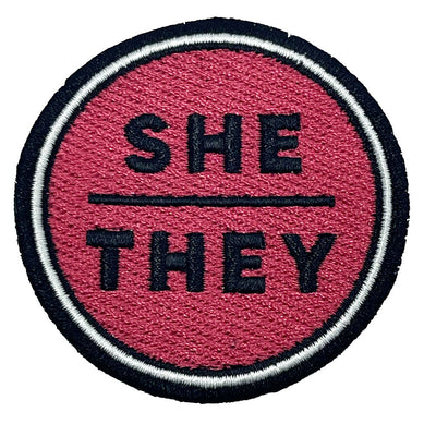 Pronoun She/They Round Iron-On Embroidered Patch (Red)
