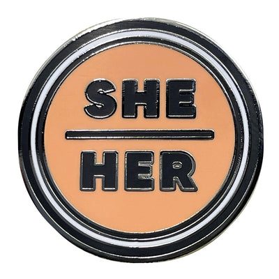 Pronoun She/Her Round Metal & Enamel Pin (Peach)