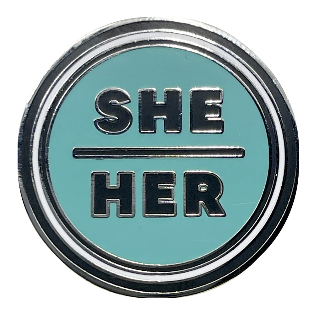 Pronoun She/Her Round Metal & Enamel Pin (Turquoise)