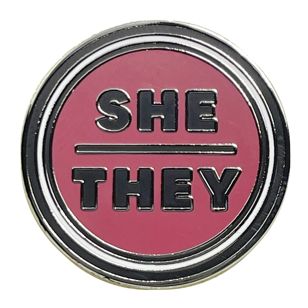 Pronoun She/They Round Metal & Enamel Pin (Red)