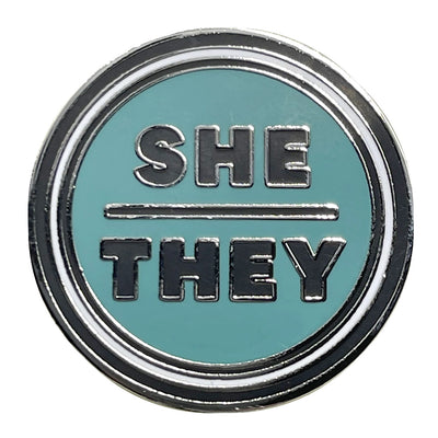 Pronoun She/They Round Metal & Enamel Pin (Turquoise)