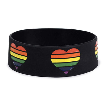 Gay Pride Rainbow Hearts Black Silicone Wristband Large