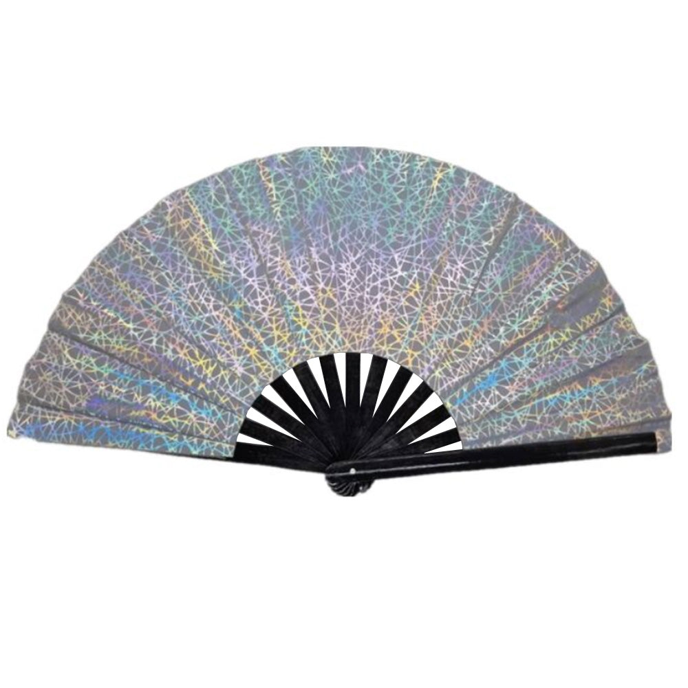 Holographic Bamboo Cracking Fan - Large 33cm (Silver with Pattern)