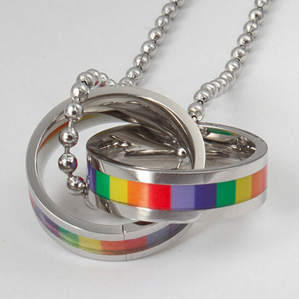 Gay Pride Rainbow Interlocking Stainless Steel Rings Necklace