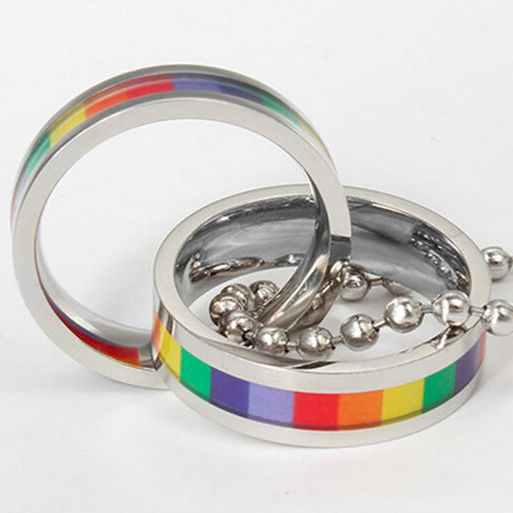 Gay Pride Rainbow Interlocking Stainless Steel Rings Necklace